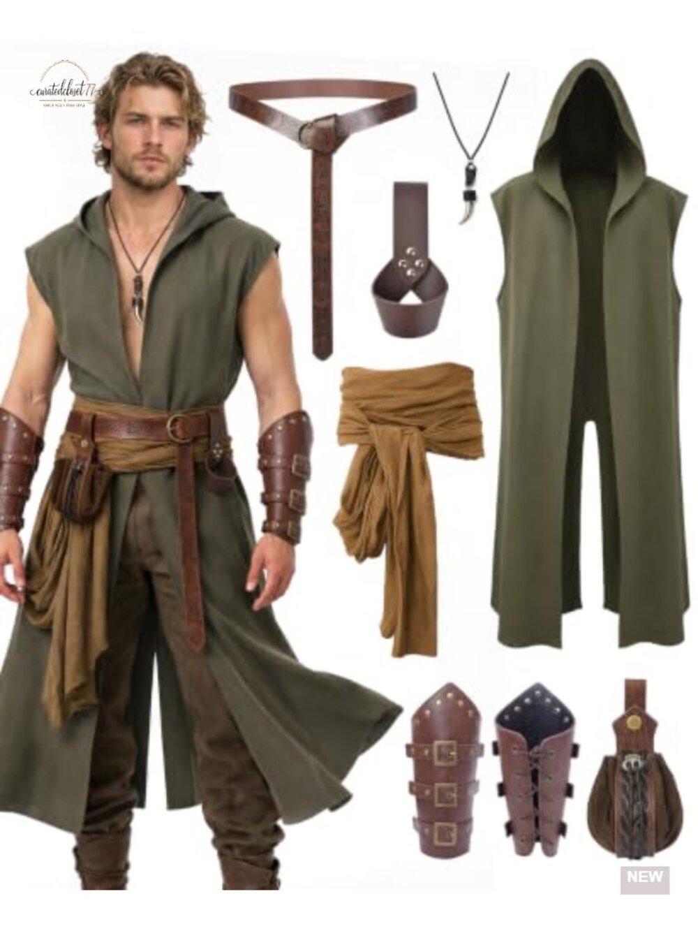 Medieval Renaissance Costume Set 8 Piece Hooded Surcoat Belt Pouch Bracers